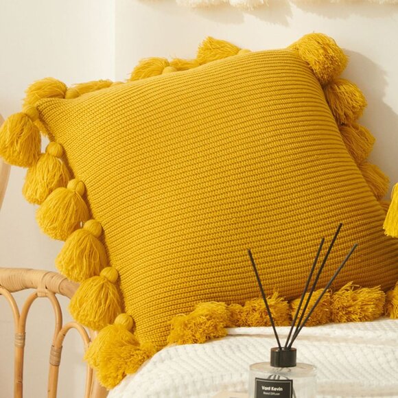 SOGA 2X 45cm Textured Pillowcase with Pom-Pom Trim (Sunny Yellow) - Picture 1 of 7